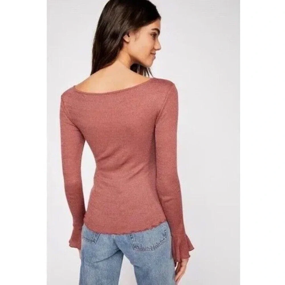 Free People Say When Metallic Gold Mauve Red Rust V-Neck Keyhole Bell Sleeve Top